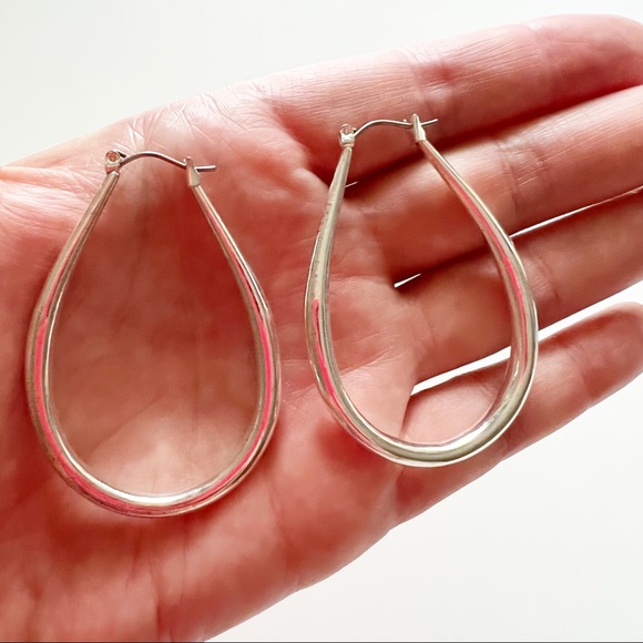 Silver Tone Oval Hoop Earrings - Picture 1 of 2
